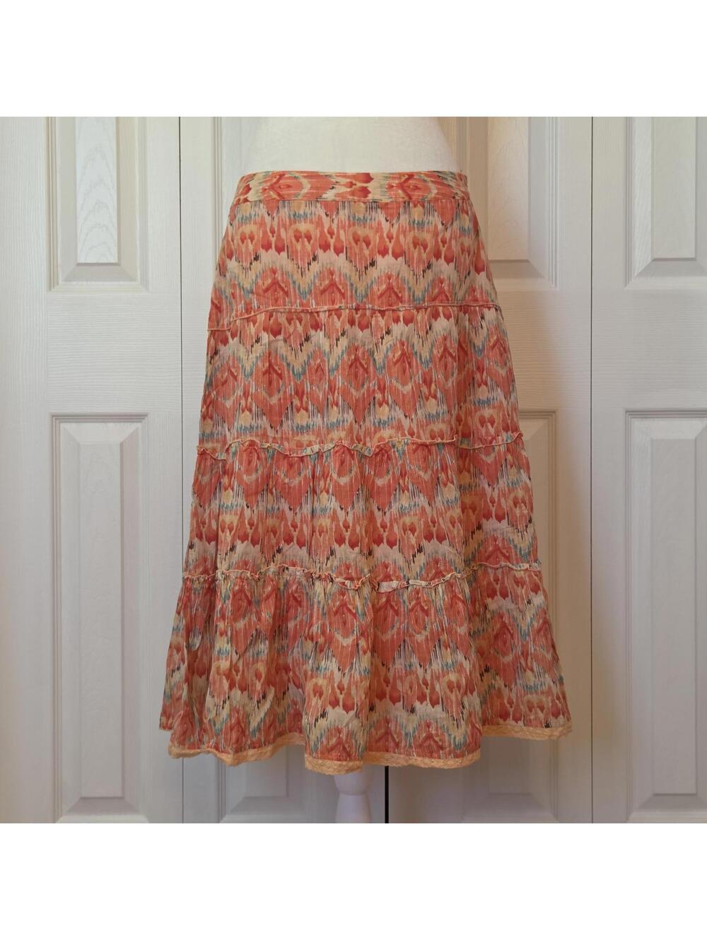 Coral Orange Ikat Tribal Print Tiered Midi Skirt Vintage Y2K Boho Tropical Beach